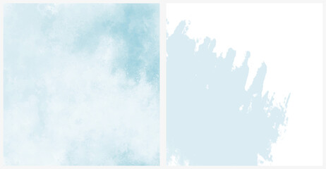  Set of 2 Abstract Painting Style Vector Layouts. Light Blue Paint Stains and Scribbles on a White Background. Pastel Color Irregular Bush Smudges Print.