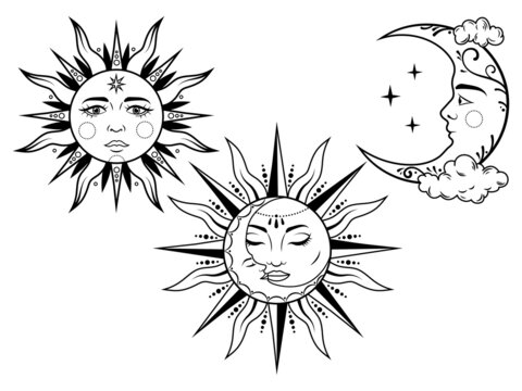 Set of mystic sun and moon. Collection of bohemian style vintage with face. Stylized symbol of tarot card. Mystical element. Tattoo. Wicca sun. Vector illustration on white background.