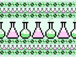 Test tube cartoon character seamless pattern on green background.Pixel style