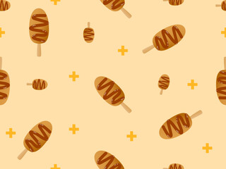 Fried chicken cartoon character seamless pattern on orange background.