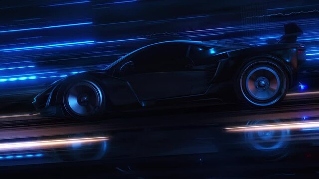 Speeding Sports Car On Neon Highway. Powerful acceleration of a supercar on a night track with colorful lights and trails. 3d animation