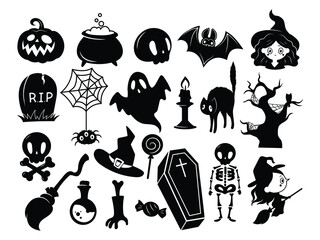 Set of silhouette for Halloween. Collection of mythical monsters and witches, pumpkin. Creepy figure of magical creatures. Vector illustration on white background. Tattoo.