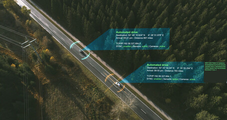 Autonomous Electric car driving on a forest highway with technology assistant tracking information,...