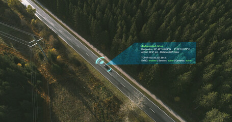 Autonomous Electric car driving on a forest highway with technology assistant tracking information, showing details. Visual effects clip - 480400938