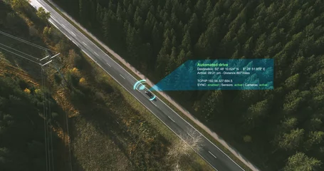 Fototapete Rund Autonomous Electric car driving on a forest highway with technology assistant tracking information, showing details. Visual effects clip © AA+W
