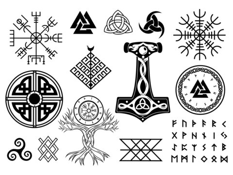 Set of Viking symbols. Collection of scandinavian pagan norse sign vegvisir, celtic tree of life, hammer of Thor, etc. Magic warrior norse symbol. Vector illustration on white background. 