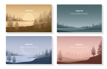Landscapes vector set, flat style. Natural wallpapers are a minimalist, polygonal concept.
