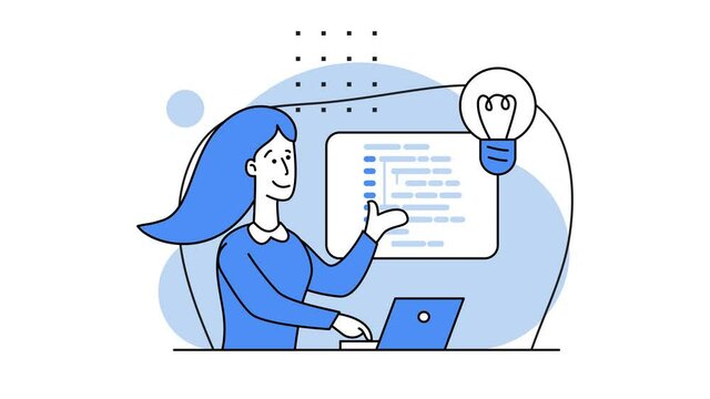 Girl-programmer. Concept of script coding, programming. HTML language. Programmer working on web development on PC. Software developers. Workplace of the programmer. 2d flat animation. Looped video.