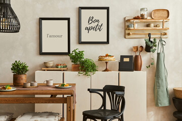 Creative and cozy kitchen interior composition with mock up poster frames, beige commode, plants, chair, family table and elegant accessories. Template. .