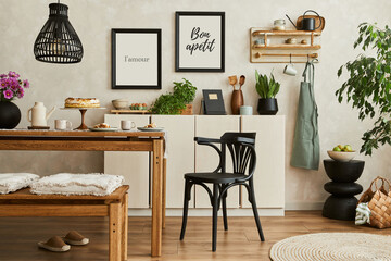 Stylish composition of cozy kitchen interior design with mock up poster frames, beige commode, wooden table, chair and bench and kitchen accessories. Template..