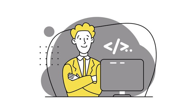 Concept of script coding, programming. JavaScript, PHP, HTML, other languages. Blond guy programmer working on web development on the laptop. Software developers. 2d flat animation. Yellow-gray colors
