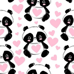 Cute Panda and heart design for valentines day. funny Bear vector illustration seamless pattern.