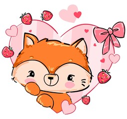 Hand Drawn Cute Fox with pink bow, Woodland funny animal, Print for childrens.