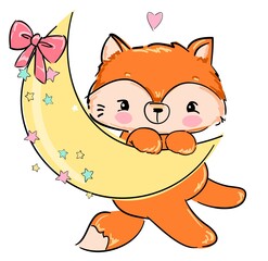 Hand Drawn Cute Fox and moon Vector Illustration, Woodland animal, Print for childrens.