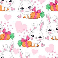 Cute rabbit and carrot Seamless Pattern. Bunny and pink heart Print design for childrens textiles, prints