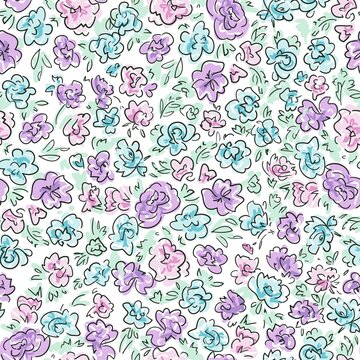 Flowers Sketch Background Print For Textile. The Drawn Small Flowers Illustration For The Fabric. Design Ornament Pattern Seamless. Vector