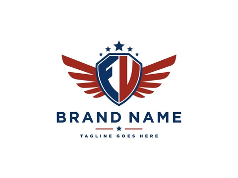 Letter FV with american eagle wing emblem. Flying hawk wings shield vector design element. Good for mascot, sport Team, patriotic logo template