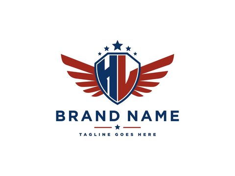 Letter HL with american eagle wing emblem. Flying hawk wings shield vector design element. Good for mascot, sport Team, patriotic logo template