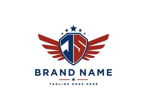 Letter JS with american eagle wing emblem. Flying hawk wings shield vector design element. Good for mascot, sport Team, patriotic logo template