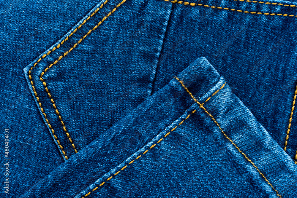 Sticker Jeans. Element of blue jeans. Sewing stitch close up