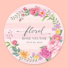Beautiful Rose Flower and botanical leaf on wood label circle digital painted illustration for love wedding valentines day or arrangement invitation design greeting card