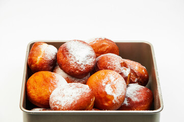 delicious donuts in sugar powder. freshly baked pies in flour. confectionery concept. baking illustration