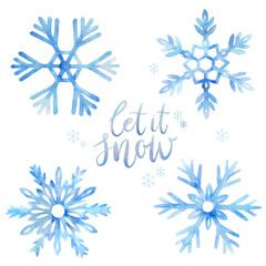 Set of hand painted blue watercolor snowflakes with handwritten Let it Snow. - 480405115