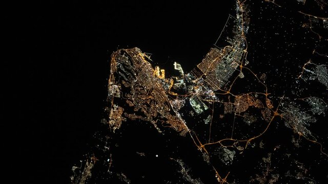 Haifa city and harbor, Israel night lights animation satellite view from space. Based on image by Nasa