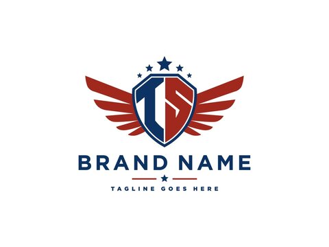 Letter TS with american eagle wing emblem. Flying hawk wings shield vector design element. Good for mascot, sport Team, patriotic logo template