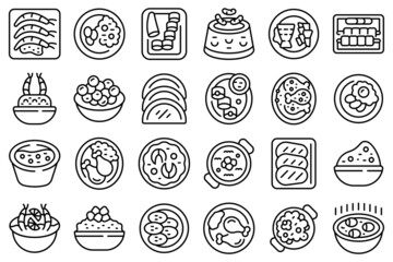 Caribbean cuisine icons set outline vector. Bbq chicken