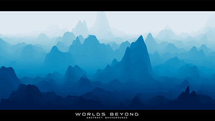 Abstract blue landscape with misty fog till horizon over mountain slopes. Gradient eroded terrain surface. Worlds beyond.