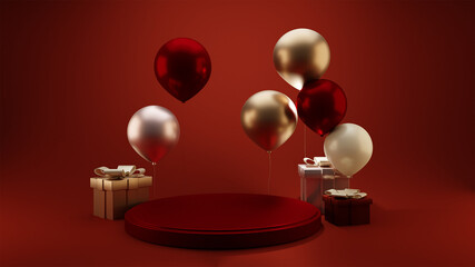 Red podium. Winner Stage. Scene mockup, showcase. Background with balloons, gift boxes. 3d render image.