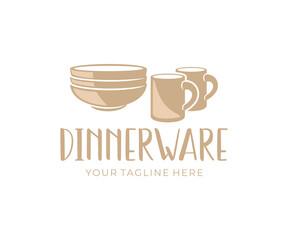 Dinnerware, tableware, cups and plates, logo design. Dishes, crockery, kitchen and cuisine, vector design and illustration