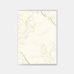 Elegance abstract art background with golden flowers and branches, splashes on beige. Line art floral elements. Blank for your text. For wedding invitation, card template. Vector illustration.
