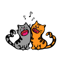 two cats in love sing with notes and a heart
