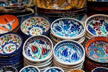 Iznik bowls and other Turkish colourful modern and traditional ceramics at the Grand Bazaar, Istanbul. Beautiful ceramic tiles with decoration