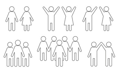 set of male and female silhouettes; pair, with hands up, leader - vector illustration