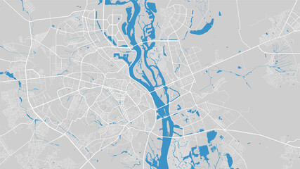 River map vector illustration. Dnieper river map, Kyiv city, Ukraine. Watercourse, water flow, blue on grey background road map.