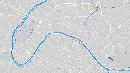 River map vector illustration. Seine river map, Paris city, France. Watercourse, water flow, blue on grey background road map. - obrazy, fototapety, plakaty