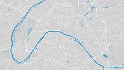 Foto op Plexiglas River map vector illustration. Seine river map, Paris city, France. Watercourse, water flow, blue on grey background road map. © Kostiantyn