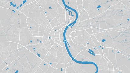 River map vector illustration. Rhine river map, Cologne city, Germany. Watercourse, water flow, blue on grey background road map. - obrazy, fototapety, plakaty