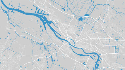 River map vector illustration. Weser river map, Bremen city, Germany. Watercourse, water flow, blue on grey background road map. - obrazy, fototapety, plakaty