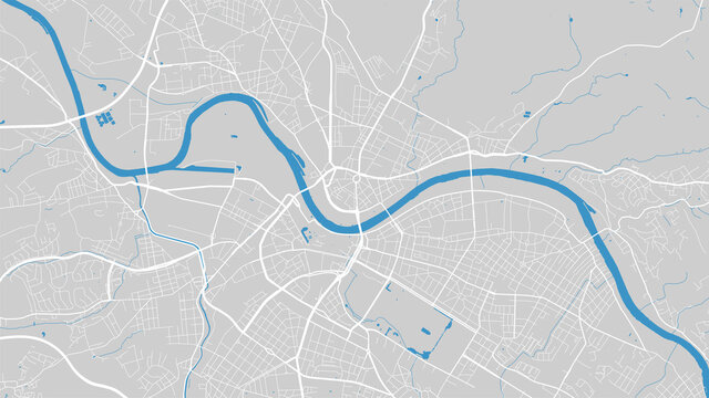 River map vector illustration. Elbe river map, Dresden city, Germany. Watercourse, water flow, blue on grey background road map.