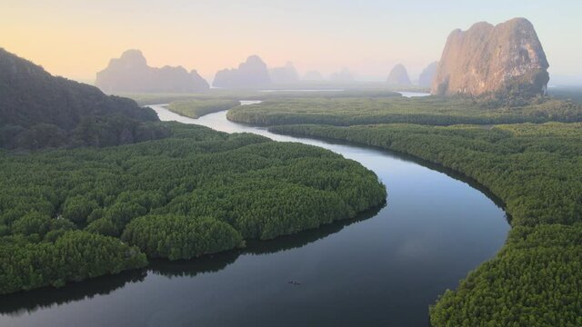 4k aerial drone footage flying over a huge mangrove forest in Phang Nga Bay, Thailands