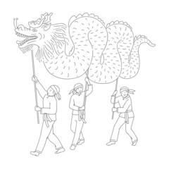 Chinese New year people in traditional costumes. Vector line art national celebration parade and symbols of China culture. Doodle black white illustration.