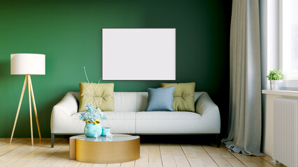 Fototapeta Modern interior of a room with an empty painting. Sofa and large window, wooden floor and wall. Clean lines of interior design. 3D rendering obraz