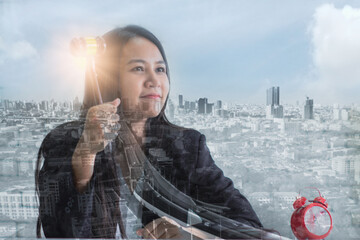 Double exposure auctioneer control, holding wooden hammer, retro alarm clock, controlling bidding auction bid winner in final lift, cityscape background, business online trading concepts and auctions