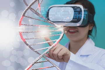 Doctor or scientist use VR  glasses of virtual reality. analysis DNA structure molecule...