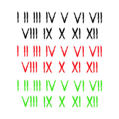 Set of roman numerals with grunge texture in black, red, green colors. Hand made brush. Simple vector illustration.