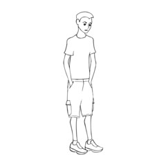 A sad teenage boy alone. Black and white drawing in one line.